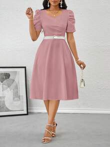 SHEIN Lady Đầm dự tiệc tay bồng màu trơn thanh lịch dành cho nữ - Hồng - Xem 4