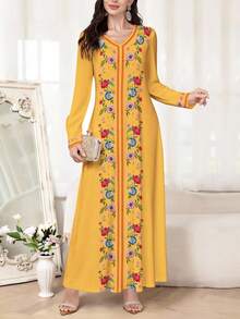 Al Najma 优雅女士V领春秋季针织长袖印花连衣裙，适合约会、度假、日常穿着、休闲、派对、节日等场合，秋季女士长裙，飘逸长裙，印花长裙/复古连衣裙，植物印花连衣裙，黄色连衣裙 - 黃色 - 查看 3