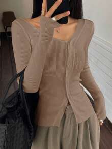 DAZY Women's Solid Color V-Neck Ribbed Oblique Shoulder Single-Breasted Long Sleeve Knitted Cardigan Spring - Gold - View 3