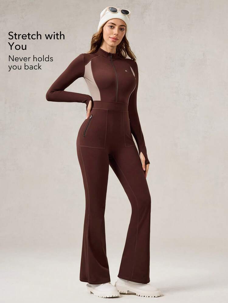 OutZeal 女士冬季保暖户外连体衣，圣诞节服装，滑雪日常穿着，速干柔软拉绒内衬，前拉链带口袋 - 棕色 - 查看 3