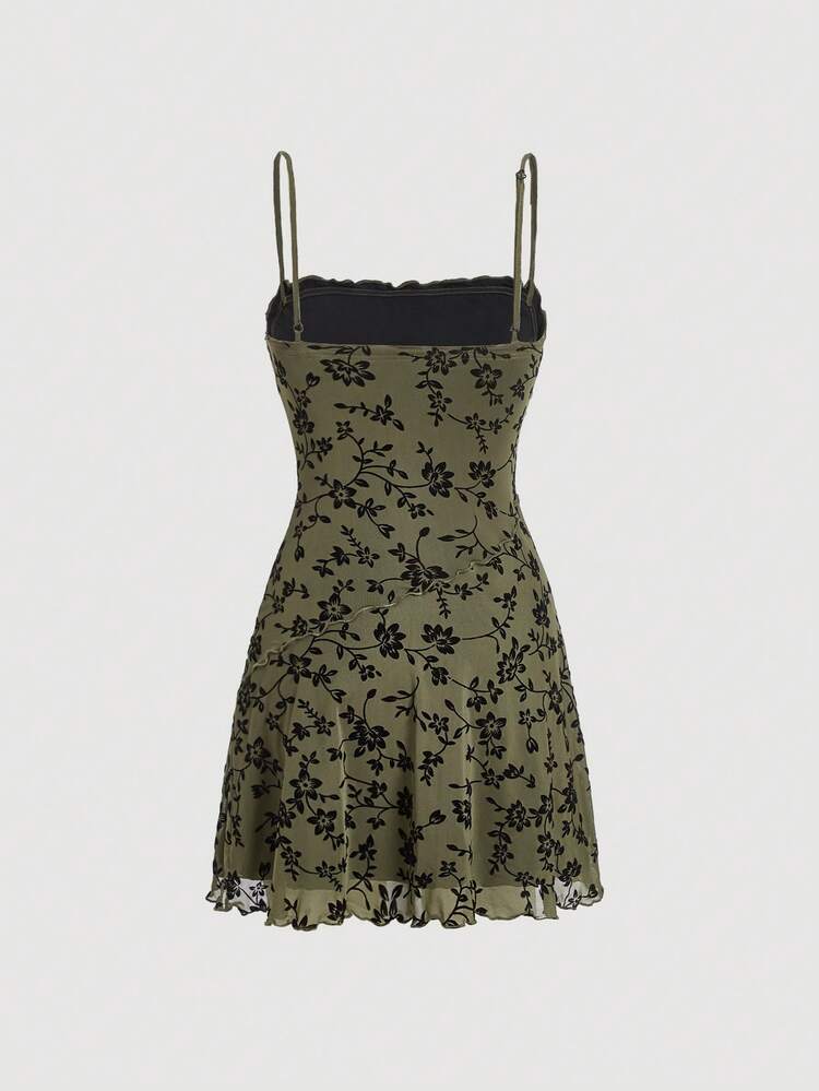 SHEIN MOD Vestido camisero vintage verde con estampado floral de malla elástica - Verde militar - Añade 2
