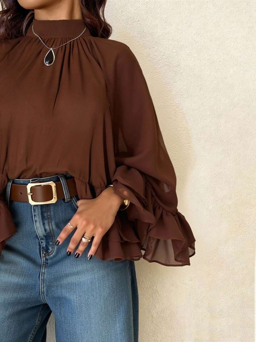 Femmeverse Plus Size Women Layered Ruffle Trim Long Sleeve Casual Top, Elegant Style For Holiday Fall - Coffee Brown - View 1