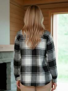 Sobrecamisa de mujer con estampado de cuadros Casual,  Suave y Acolchonada - Negro - Ver 4