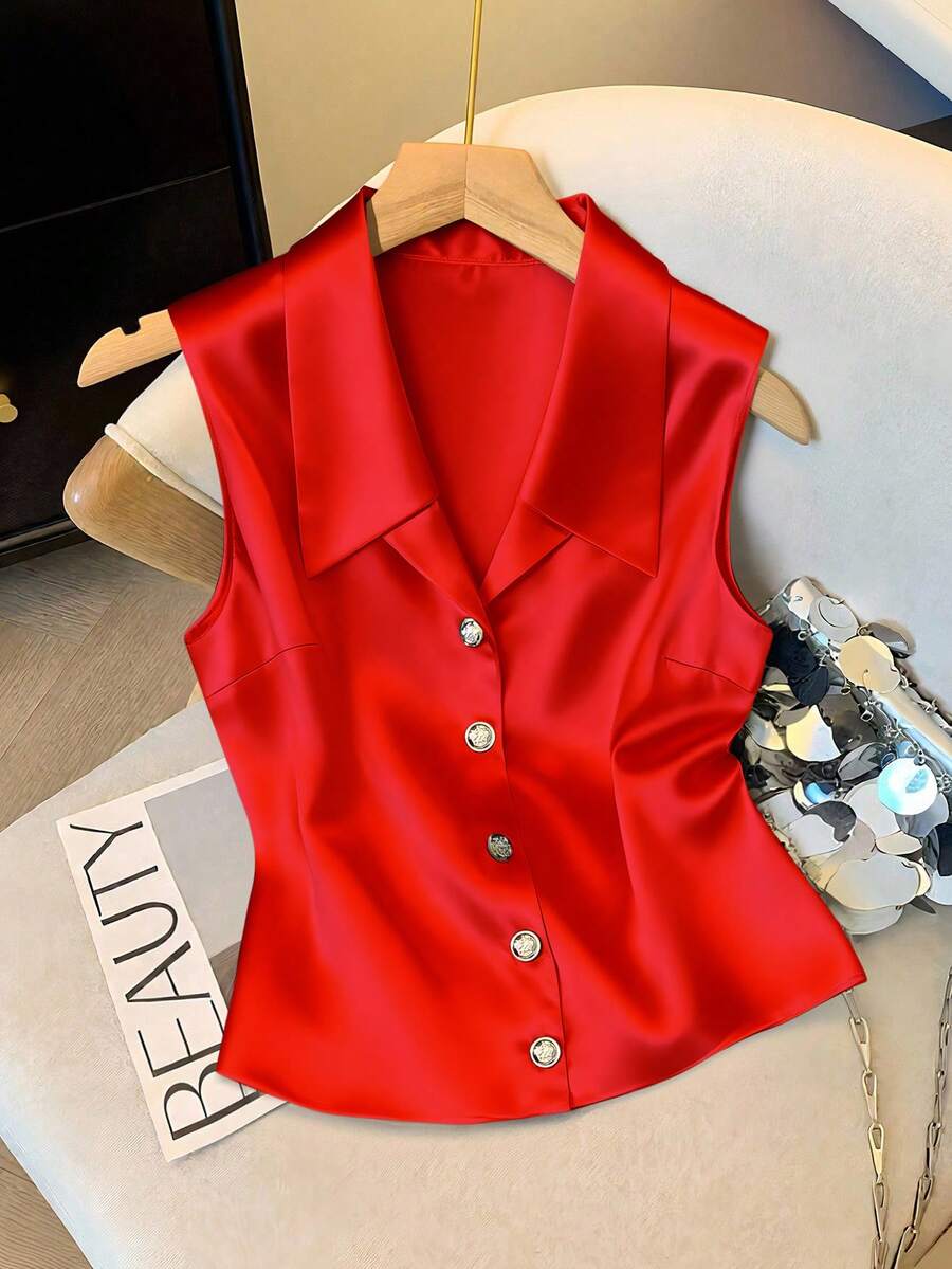 GlowEve Áo satin không tay cổ chữ V kiểu Pháp dành cho nữ, thích hợp cho mùa thu/đông, kiểu dáng thanh lịch. - Đỏ - Xem 1