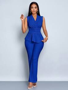 SOLERSUN 女款杏色优雅V领长袖T恤阔腿裤两件套不对称下摆两件套日常休闲女装春夏无袖短袖 - 寶藍色 - 查看 5