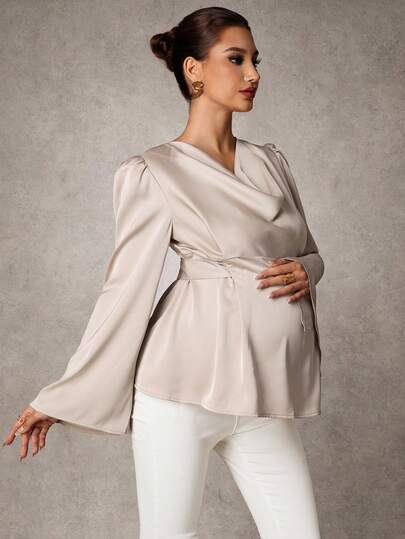 MaterniChic Maternity Clothes Maternity  Tops Spring And Summer Pregnant Clothes Apricot Maternity Blouse, Satin V-Neck, Long Sleeves, Elegant Party