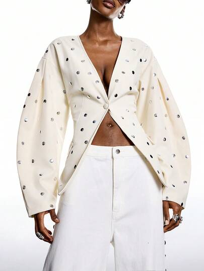 LYSMO 2025 Minimalist Winter For Women's Metal Decor Drop Shoulder Long Sleeve Deep V Single-Breasted Hot Silver Glitter Fashionable Jacket Christmas New Year Thanksgiving Party Graduation Season Stylish Collection