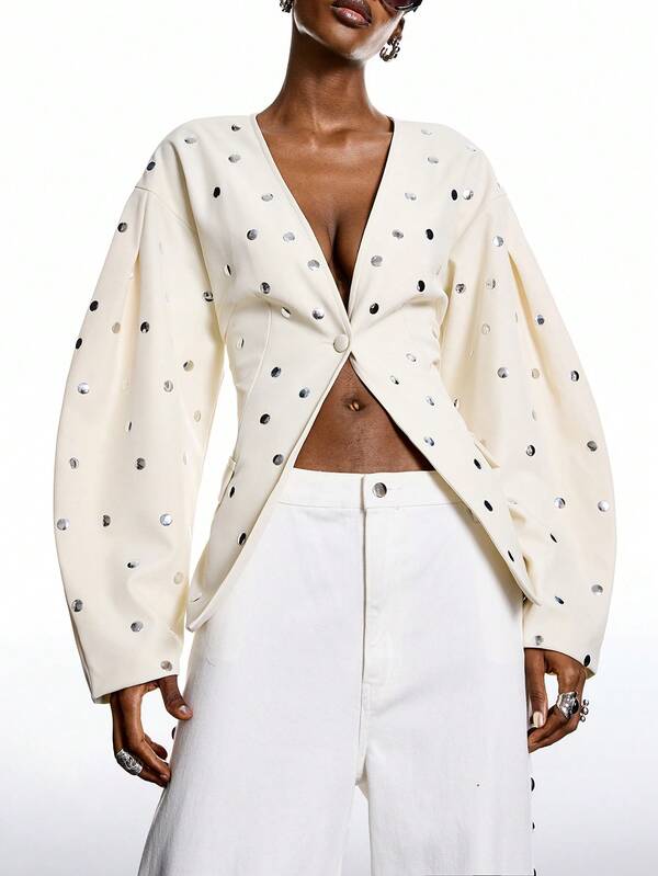 LYSMO 2025 Minimalist Winter For Women's Metal Decor Drop Shoulder Long Sleeve Deep V Single-Breasted Hot Silver Glitter Fashionable Jacket Christmas New Year Thanksgiving Party Graduation Season Stylish Collection