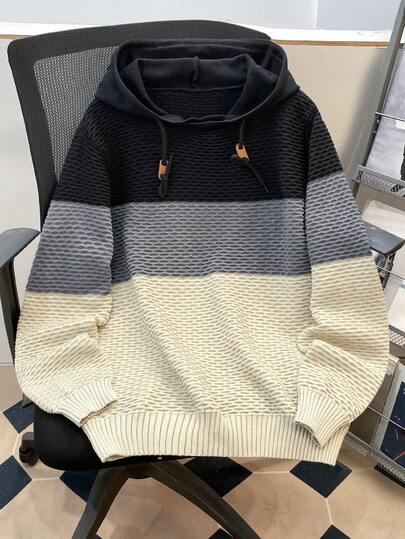 Manfinity Joysei 男式拼色补丁细节抽绳连帽毛衣，适合秋冬