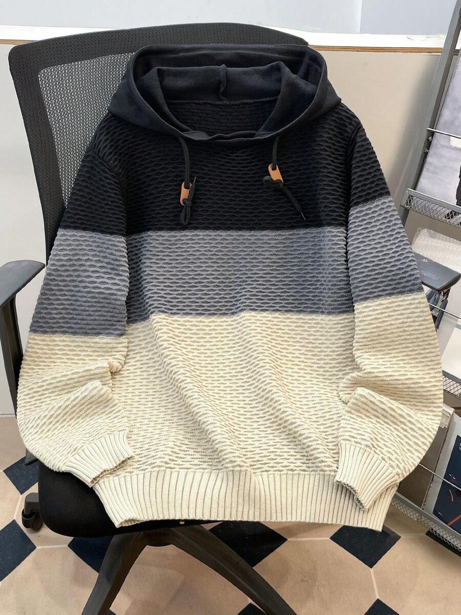 Manfinity Joysei 男式拼色补丁细节抽绳连帽毛衣,适合秋冬 - 彩色 - 查看 1