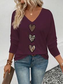 EMERY ROSE Women's Spring/Summer New Arrival Ombre Leopard Print Heart Pattern Casual V-Neck Long Sleeve T-Shirt - Red Violet - View 3