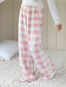 DAZY Tween Girl Plaid Pattern Elastic Waist Fluffy Wide Leg Pajama Pants, Autumn/Winter - Pink - View 3