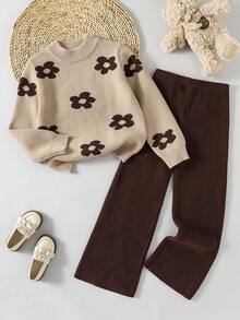 少女高领毛衣裤套装，咖啡色向日葵印花上衣，驼色罗纹针织裤，休闲舒适保暖，适合度假、旅行、秋冬季节，抓绒面料，校园风，圣诞节适用。 - 駝色 - 查看 7
