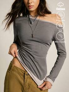 SoleilVie Camiseta de mujer con hombros oblicuos y parches, adecuada para fiestas de Halloween, uso casual de primavera y otoño, diseño minimalista y de moda - Gris Claro - Ver 1