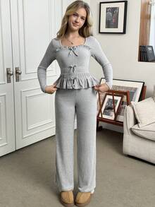 Sparklyn Teen Girl Solid Color Bow Decor Ruffle Hem T-Shirt And Pants Casual Outfit - Grey - View 1