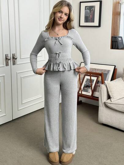 Sparklyn Teen Girl Solid Color Bow Decor Ruffle Hem T-Shirt And Pants Casual Outfit