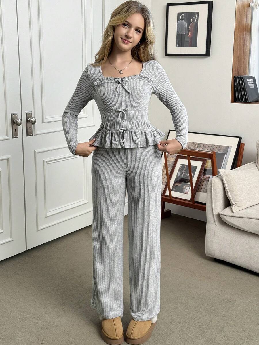 Sparklyn Teen Girl Solid Color Bow Decor Ruffle Hem T-Shirt And Pants Casual Outfit - Grey - View 1