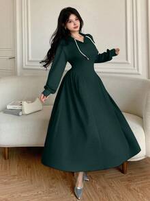 Modelyn 女士休闲连帽抽绳修身灰色卫衣，秋冬款 - 墨綠色 - 查看 4