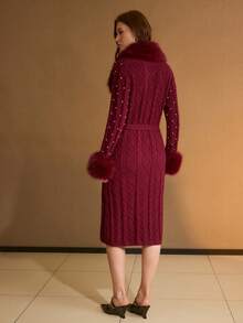 MOTF PREMIUM ÁO KHOÁC CỔ LÔNG DỆT KIM CƯỜNG CÓ THẮT LƯNG ĐÁ NHÂN DÀNH CHO NỮ, MÙA THU/ĐÔNG - Màu Đỏ Sâu - Xem 4