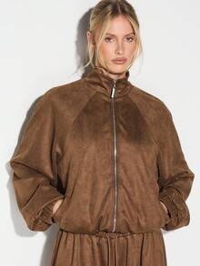KIZN Women Suede Funnel Neck Zip Up Track Jacket With Elastic Waistband Fall Winter Outerwear - Brown - View 5