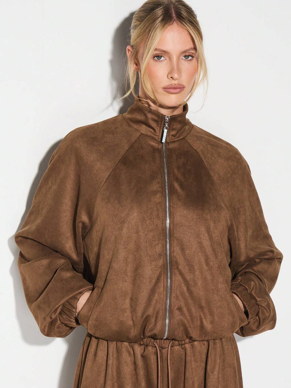 Women Suede Funnel Neck Zip Up Track Jacket With Elastic Waistband Fall Winter Outerwear