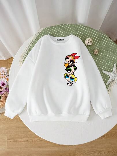 THE POWERPUFF GIRLS X SHEIN Tween Girls' Casual Patterned Long Sleeve Crew Neck Sweatshirt For Autumn & Winter