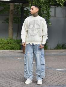 Devon Thys ANDREILEE Men Skull Print Distressed Fringed Crew Neck Casual Sweater, Emo, For Fall Winter - Apricot - View 4