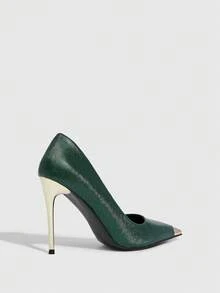 CUCCOO SZL Tacones altos de moda de punta fina y color contrastante, versátiles para uso diario - Verde Oliva - Ver 8