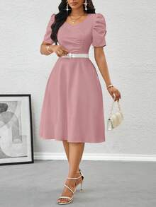 SHEIN Lady Đầm dự tiệc tay bồng màu trơn thanh lịch dành cho nữ - Hồng - Xem 5