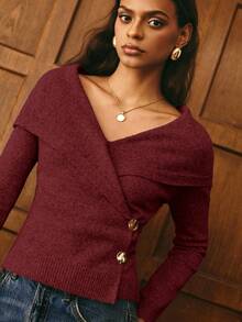 Poéselle 女士纯色长袖修身休闲针织开衫 - 酒紅色 - 查看 7