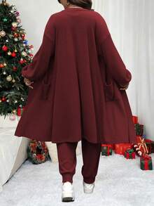 Vionelle Bộ 2 áo liền quần không tay màu trơn và áo khoác cardigan dài tay cho nữ - Màu Đỏ Sâu - Xem 2