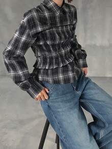 FRIFUL 女士格子长袖纽扣衬衫和褶裥吊带背心休闲两件套