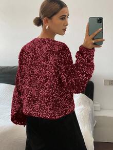 Livesso Women's Sequin Tie Front Blouse For Party, Autumn Glitter Top - Burgundy - View 2