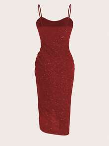 Eryvara Burgundy Red Sequin Bodycon Dress With V-Neck, Backless, Ruffled, Slit And Spaghetti Straps Maxi Women Outfit - Red - View 2