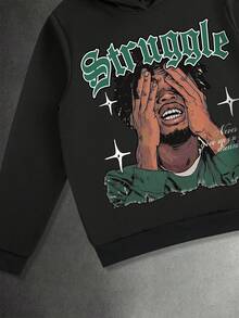 Manfinity EMRG 男士人像字母印花休闲街头风连帽衫和运动裤套装（2件套），秋季男装 - 黑色 - 查看 4