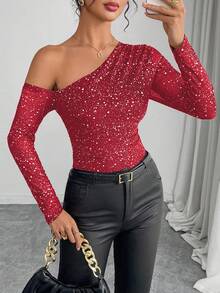 Almamuse Body de manga larga con estampado de lunares metálicos y malla, con hombros descubiertos, para mujer - Rojo - Ver 6