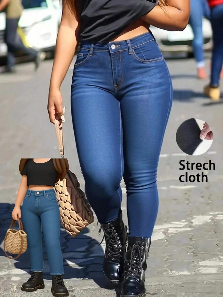 Jeans ajustados sexys para mujer] Jeans ajustados sexys para mujer, tejido elástico de mezcla de viscosa, color liso, con detalle de botón, para pantalones tejidos de otoño/invierno - Azul - Ver 1