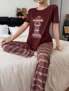 SHEIN 2pcs Cute Puppy Print Pajama Set, Short Sleeve Top And Long Pants Pajama Sets For Women Round Neck Summer Pijama Sets For Women Lounge Wear Women Set Sleep Wear Women Set Pajamas Set For Woman