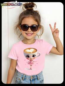 SHEIN Young Girls' Casual Fashion Creative Cute Cartoon Ballet Girl Graphic Print Basic Short T-Shirt, Suitable For Girly Outfits - Pink - View 9