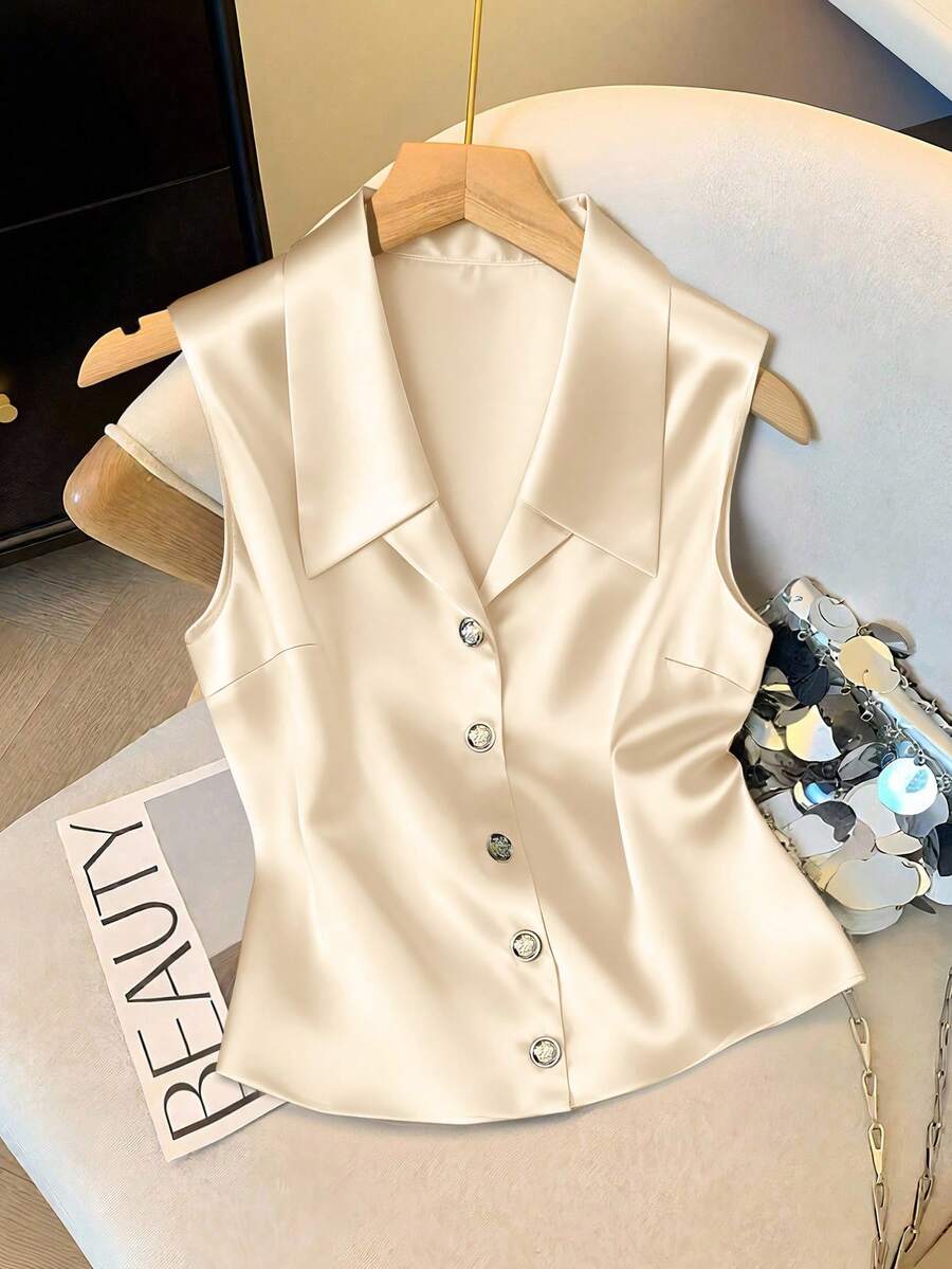 GlowEve 女士秋冬法式V领无袖高档缎面上衣 - 杏色 - 查看 1