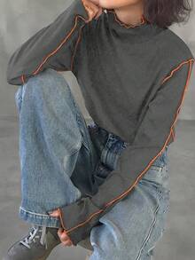 FRIFUL Women's Turtleneck Contrast Color T-Shirt With Contrast Ruffle Hem, Multi-Layer Ruffled Flared Sleeves, Fitted Long Sleeve Top - Dark Grey - View 3