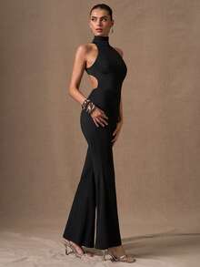 SHEIN BAE Bộ đồ liền thân ống loe cổ bẻ màu đen thanh lịch gợi cảm dành cho nữ, thích hợp mặc nhiều lớp vào mùa thu/đông, bộ đồ liền thân dệt kim gợi cảm, thích hợp để đi chơi, hẹn hò lãng mạn, tiệc tùng và tụ tập - màu đen - Xem 4