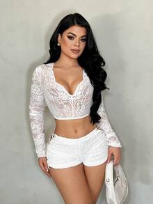 SHEIN SXY 女士深V领性感透视白色蕾丝长袖上衣 - 白色 - 查看 5