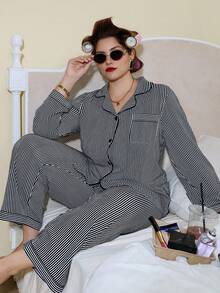 Doze Lane Bộ đồ ngủ áo sơ mi sọc Dream Adore kèm quần dài, cỡ lớn, trang phục thu đông, trang phục ấm áp - Đen và trắng - Xem 1
