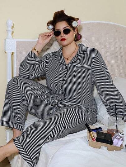 SHEIN Doze Lane Dream Adore Striped Shirt Style Top & Pants Sleepwear Set, Plus Size, Fall Winter Clothes, Cozy Outfit