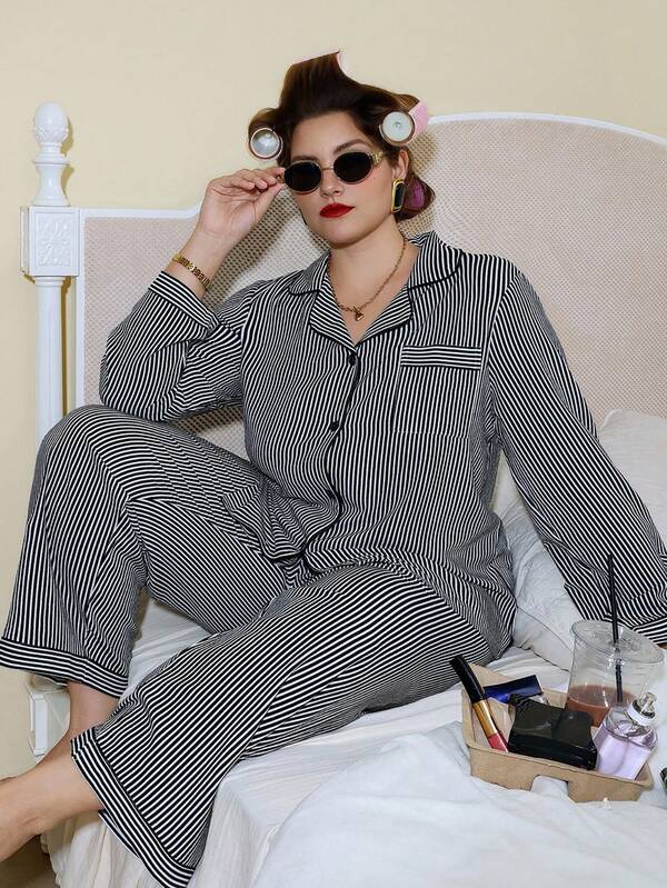 Doze Lane Conjunto de pijama de camisa a rayas y pantalones "Dream Adore", talla grande, ropa de otoño e invierno, conjunto acogedor