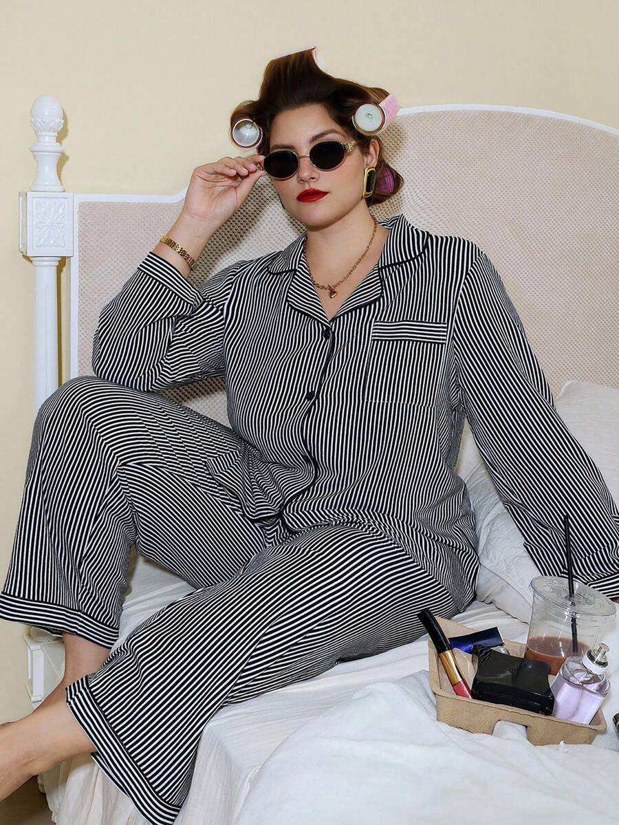 Doze Lane Bộ đồ ngủ áo sơ mi sọc Dream Adore kèm quần dài, cỡ lớn, trang phục thu đông, trang phục ấm áp - Đen và trắng - Xem 1