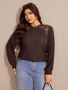 Elaquor تي شيرت نسائية أنيقة بأكمام طويلة وتطريز دانتيل بتصميم متباين للمقاسات الكبيرة - قهوة بني - مشاهدة 3