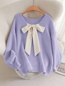 CosyJoli 大码休闲V领蝴蝶结系带宽松套头毛衣 - 紫丁香色 - 查看 6