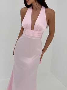 Aloruh Women's Deep V-Neck Ruched Waist Party Dress, Pink, Valentine's Day - Pink - View 5